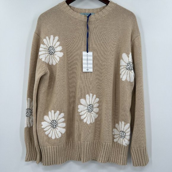 Tuckernuck Sweaters - Tuckernuck Women's Tan Miss Daisy Sweater Crew Neck Flower Cotton XL NWT $228
